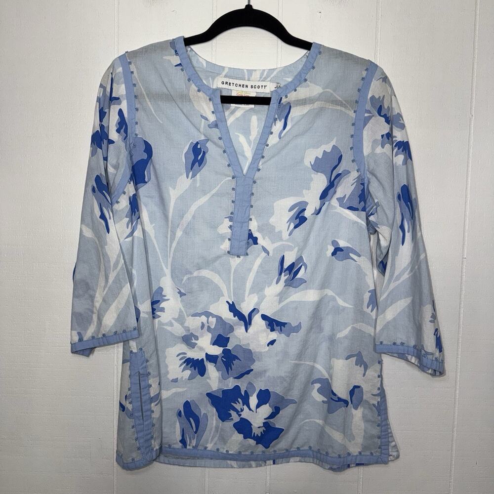 Gretchen Scott Women’s Bead Embellished Top Iconic Iris Blue Floral Size Large